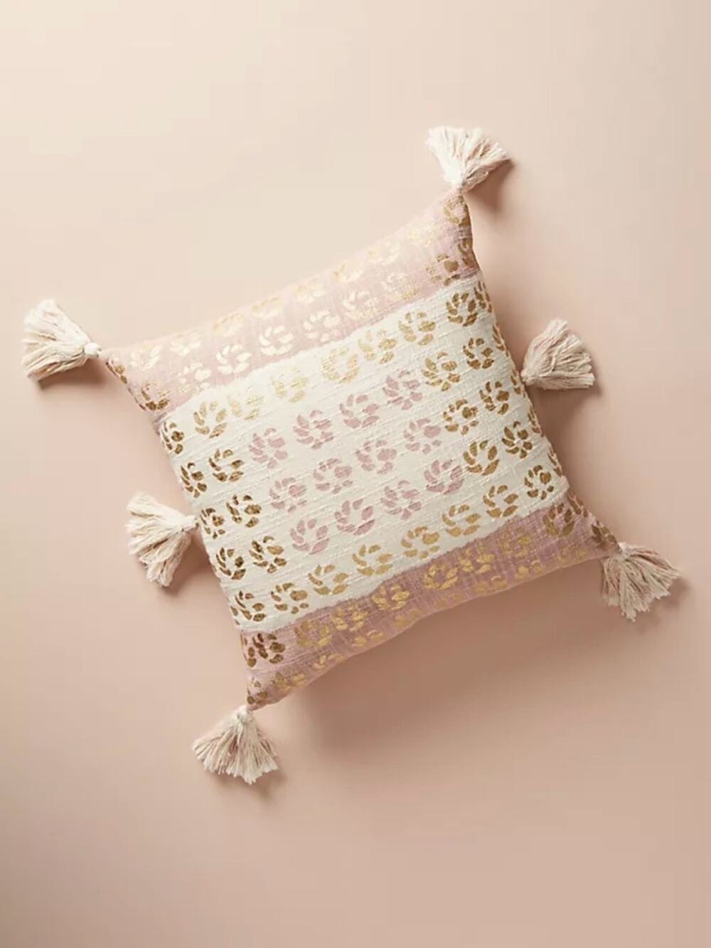 Anthropologie Large Boho Metallic Gold and Lavender Tasseled Pillow, 20”x20”